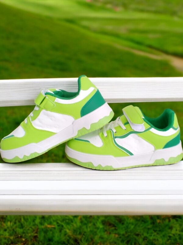 Front view of Z-Green Fury Kids’ Sporty Sneakers displaying vibrant lime green and white design
