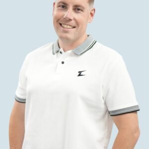 Front view of Z-Dual Stripe Men's Polo Shirt Cotton-Blend showcasing its ribbed collar and two-button placket.