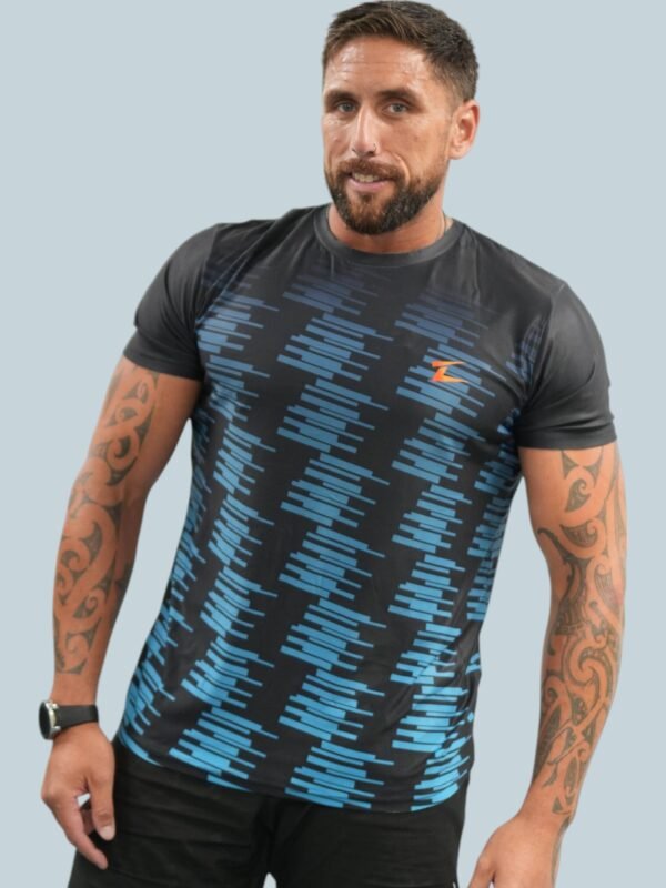 Front view of the Geo Motion Men's Performance Tee highlighting bold blue accents.”