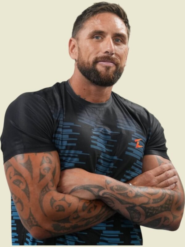 "Geo Motion Men's Performance Tee with moisture-wicking polyester blend front view"