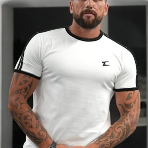 Front view of Z Stratra Men's T-Shirt in White with two black stripes across the shoulder