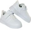 Z- White Stride Kids Sneakers side view with synthetic leather material and velcro straps.