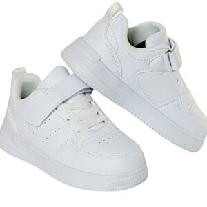Z- White Stride Kids Sneakers side view with synthetic leather material and velcro straps.