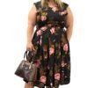 Front view of Z-Midnight Bloom Linen Sleeveless Dress in black and red roses by ZAAMfashion