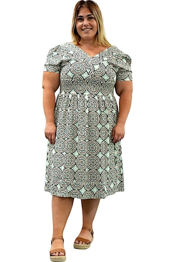 Close-up of the Z-Celestial Bloom Linen Women Dress featuring its intricate floral design.